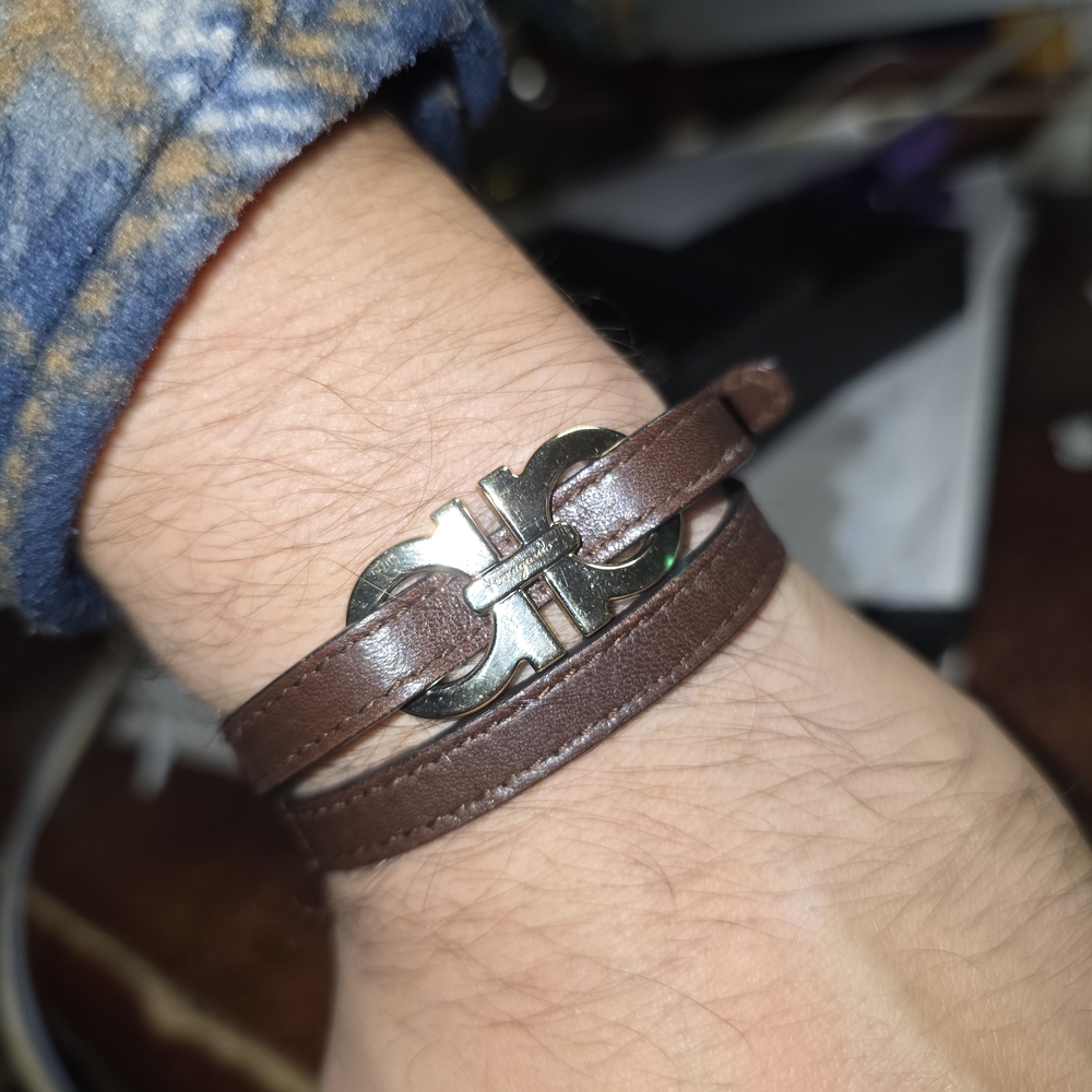 Salvatore Ferragamo Brown Leather Bracelet with Double Inserts.